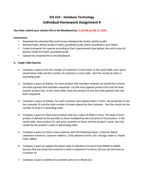  IDS 410 - Database Technology Individual Homework Assignment 4 Due Date:
