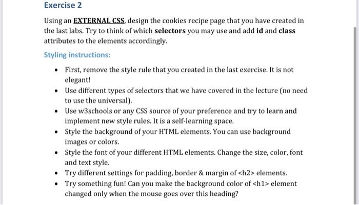  Exercise 2 Using an EXTERNAL CSS, design the cookies recipe page