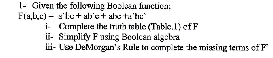  1- Given the following Boolean function; F(a,b,c)- abc+ ab'c+ abc +a'bc