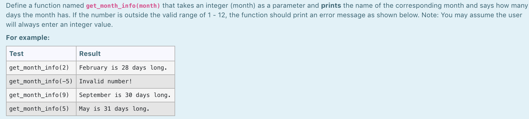  in python please Define a function named get_month_info(month) that takes an