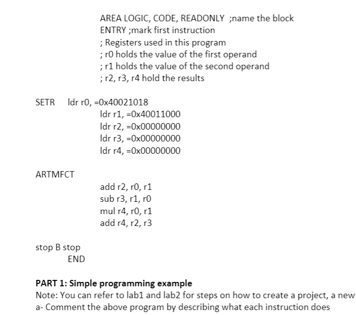 arm assembly question. Comment each instruction pls AREA LOGIC, CODE, READONLY