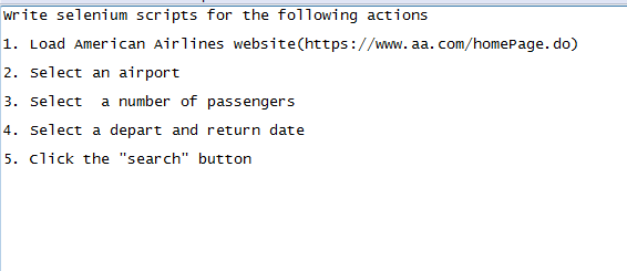  write selenium scripts for the following actions 1. Load American Airlines