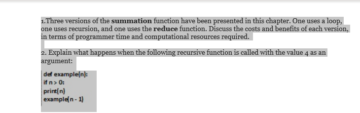 In python method please!!!!!!! 1.Three versions of the summation function have been