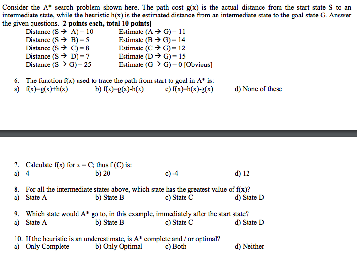  Consider the A* search problem shown here. The path cost g(x)