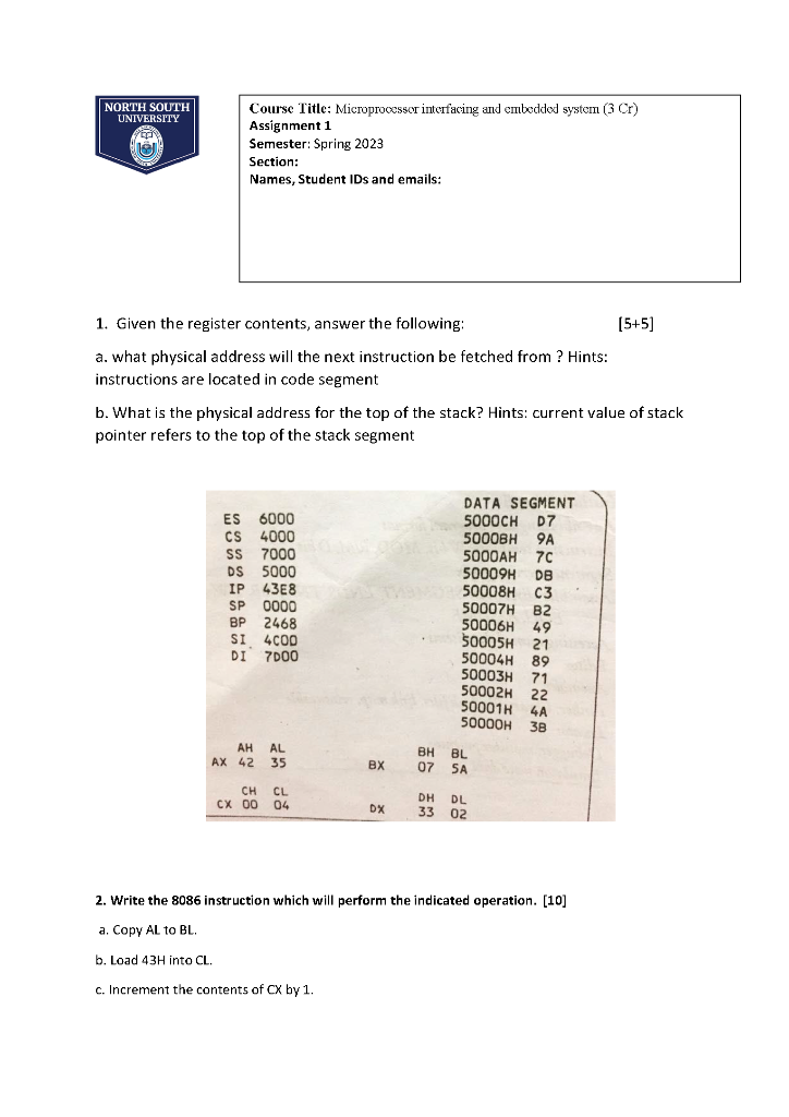  Course Title: Microprocessor interfacing and embedded system ( 3Cr) Assignment 1