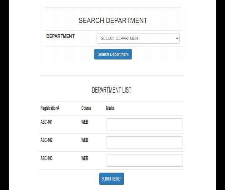 name of "institute" in which four tables exists department, course, student, result.