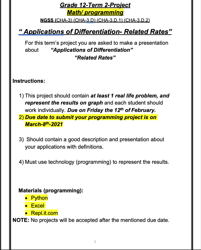  Grade 12-Term 2-Project Math/ programming NGSs (CHA-3) (CHA-3D) (CHA-3D.1) (CHA-3.D.2) "