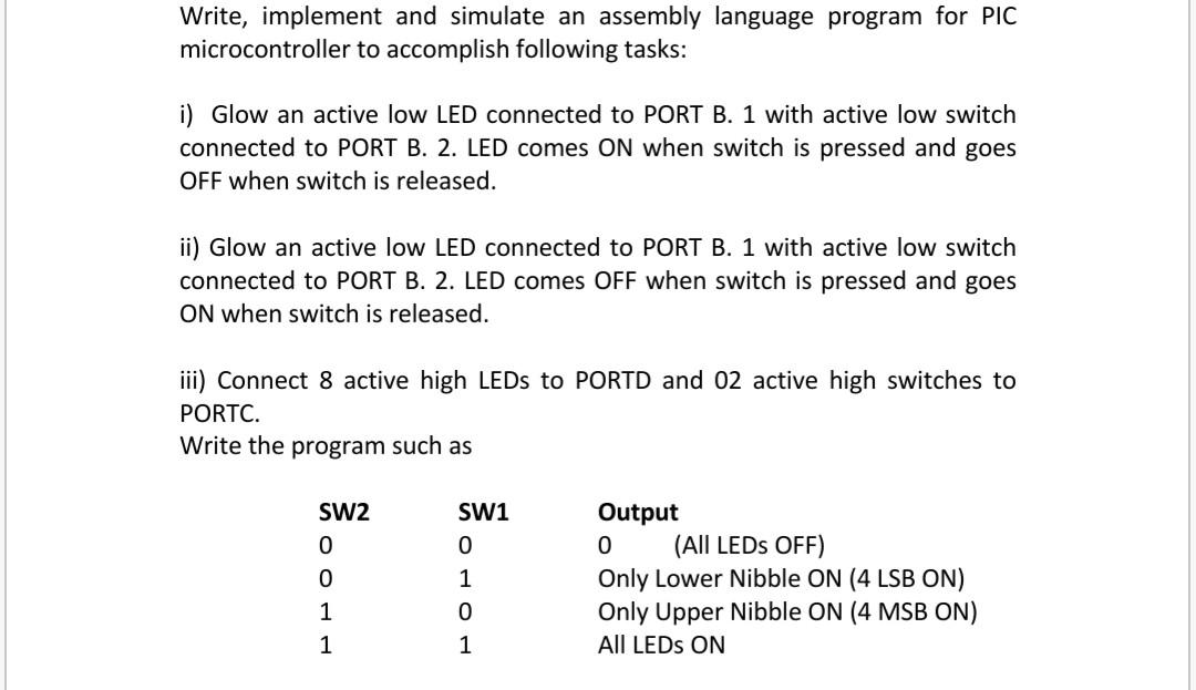  Write, implement and simulate an assembly language program for PIC microcontroller