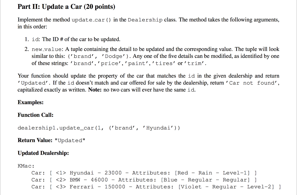 Part II: Update a Car (20 points) Implement the method update.car