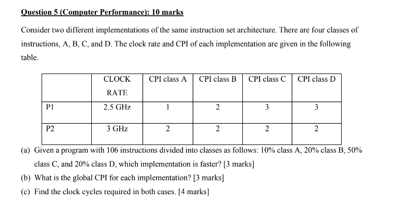  Question 5 (Computer Performance): 10 marks Consider two different implementations of