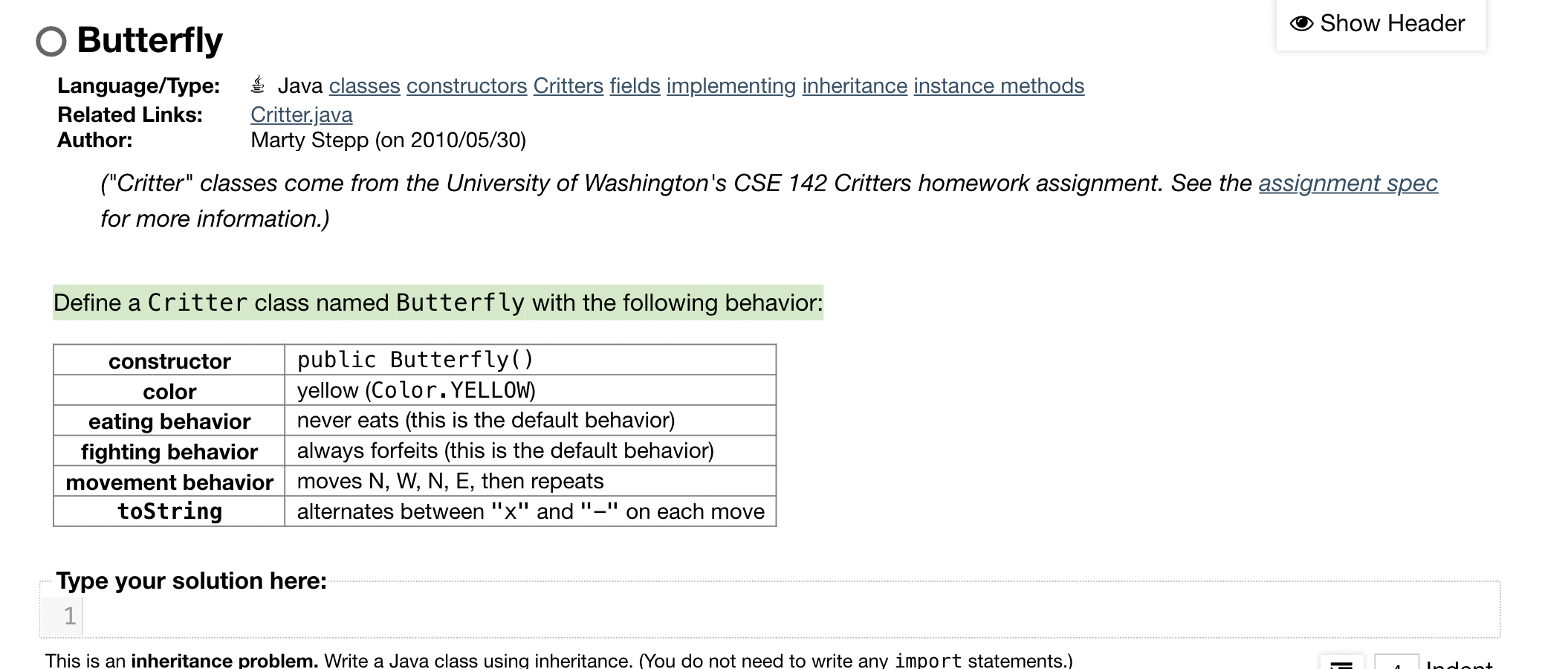 How do I do this? Language/Type: Java classes constructors Critters fields implementing