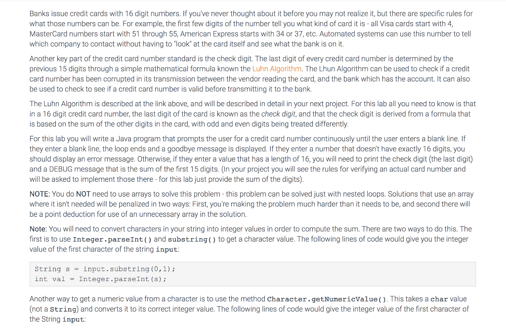 java make sure all tests pass Banks issue credit cards with 16