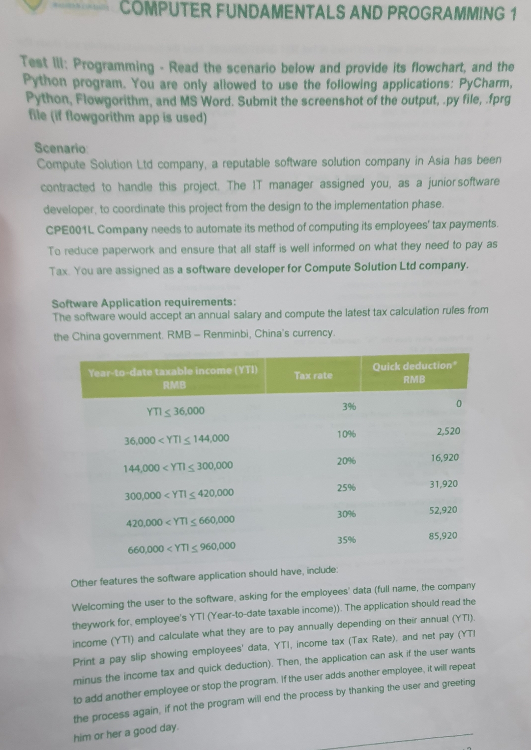  COMPUTER FUNDAMENTALS AND PROGRAMMING 1 Test III: Programming - Read the