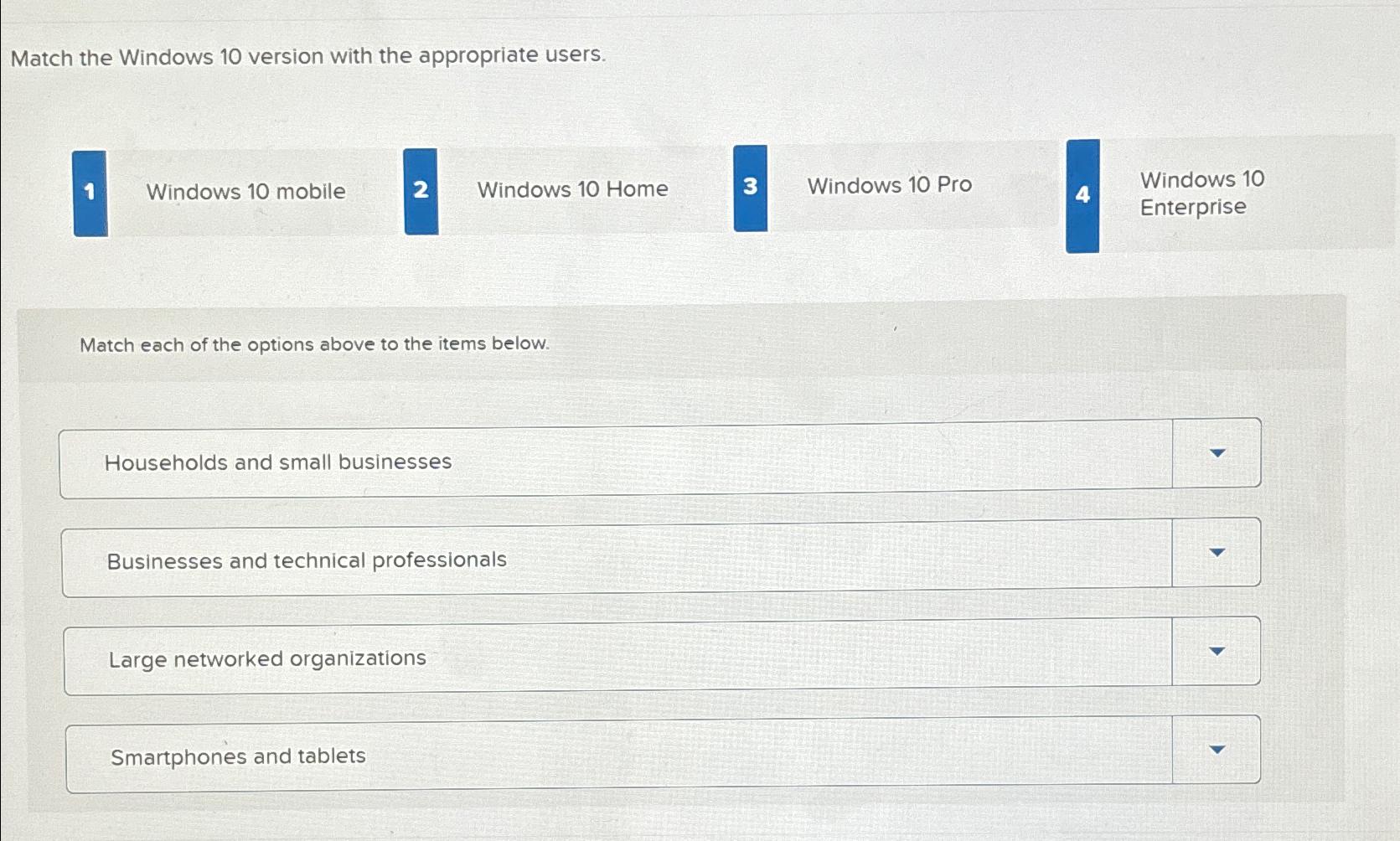 Match the Windows 10 version with the appropriate users. 1 Windows