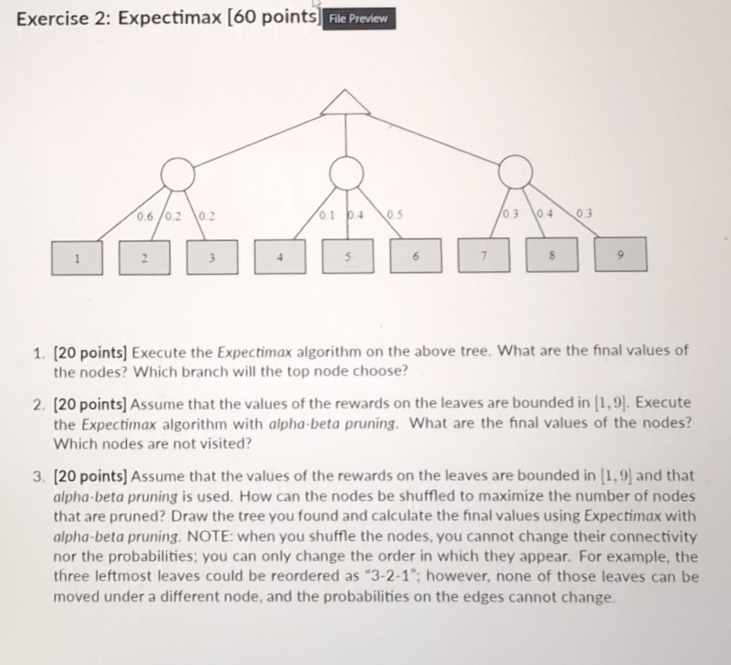  Exercise 2: Expectimax [60 points [20 points] Execute the Expectimax algorithm