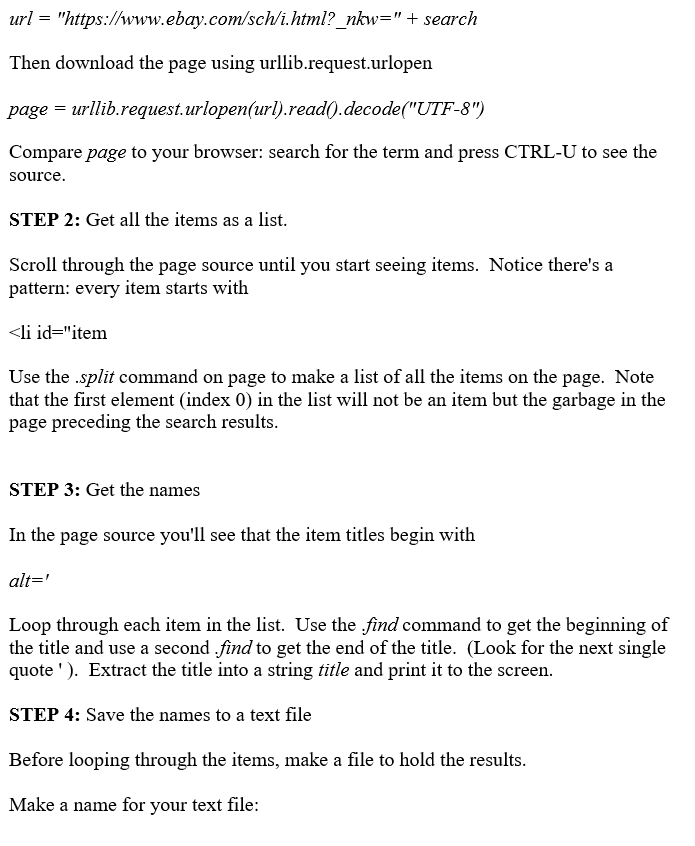 user for a search term, and download all the ebay items matching
