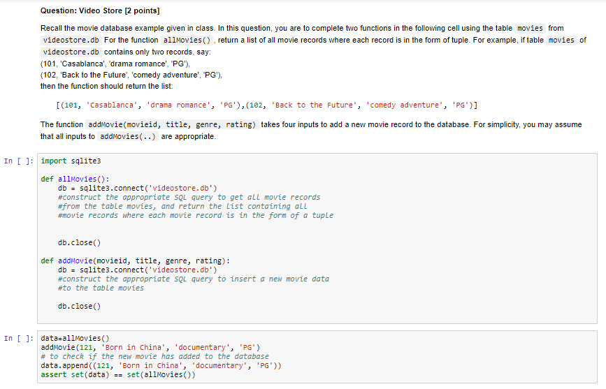  Question: Video Store 12 points] Recall the movie database example given