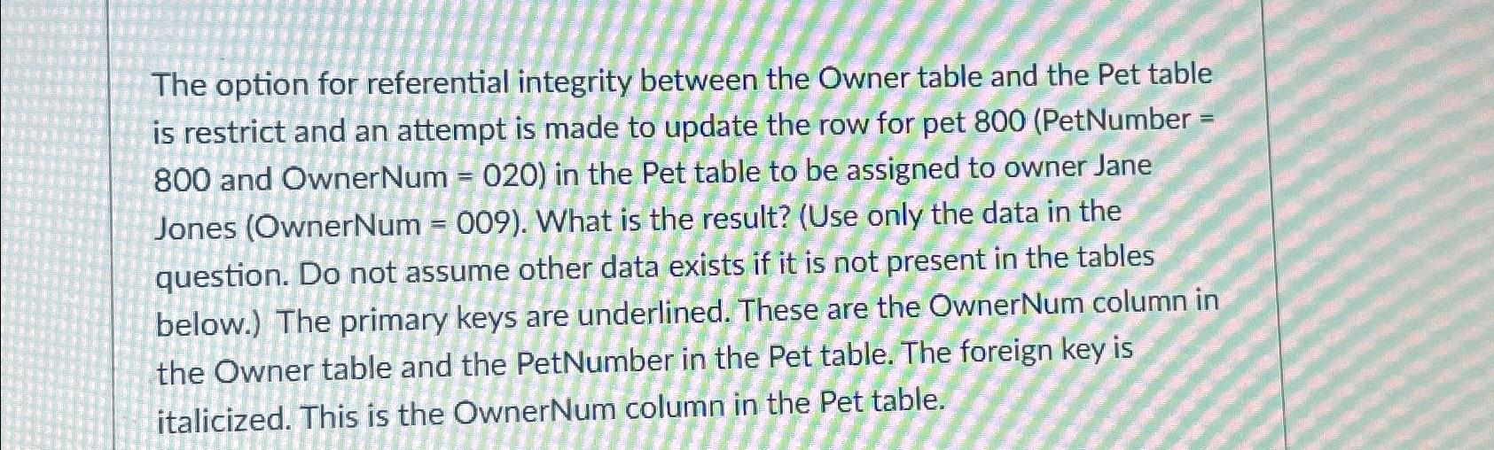  The option for referential integrity between the Owner table and the
