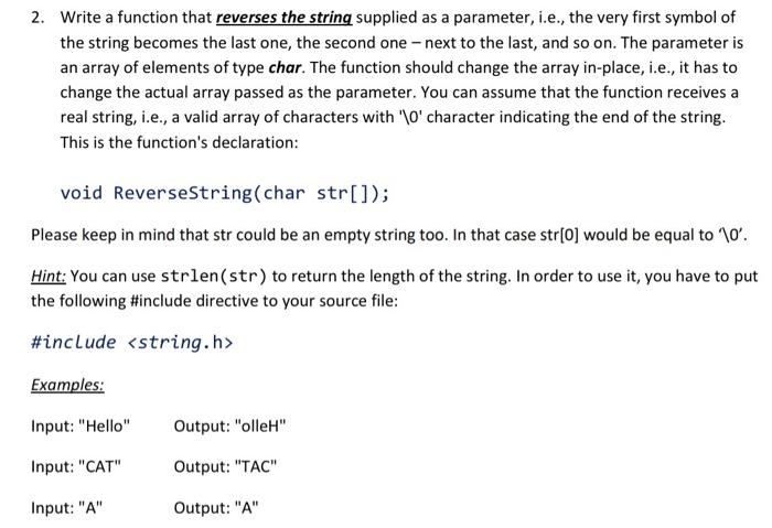 c programming 2. Write a function that reverses the string supplied as