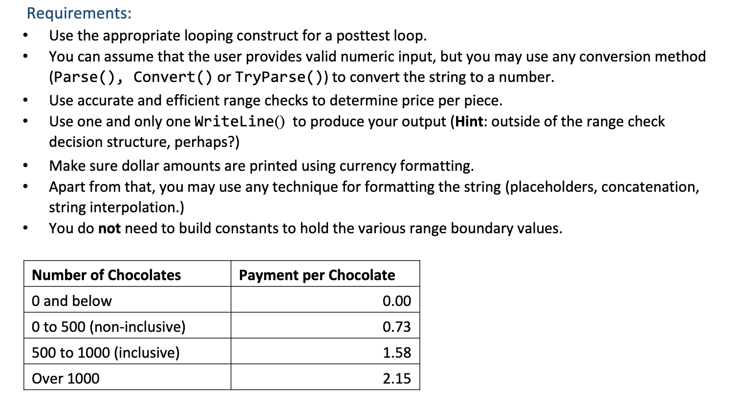  C# problem: Requirements: Use the appropriate looping construct for a posttest