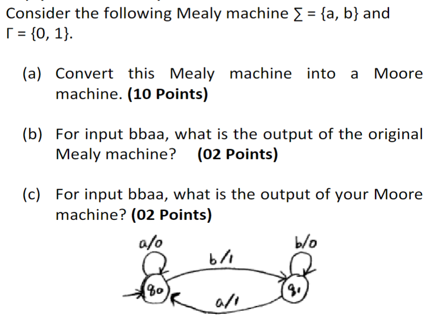  Consider the following Mealy machine ={a,b} and ={0,1}. (a) Convert this