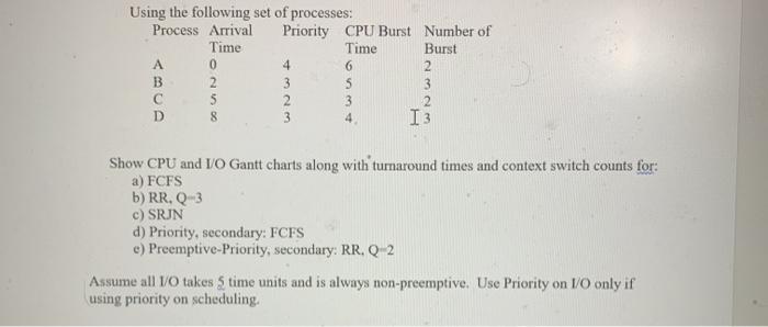  Using the following set of processes: Process Arrival Priority CPU Burst
