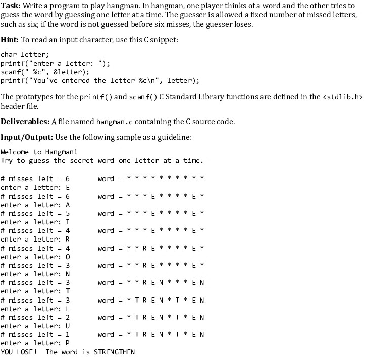  Task: Write a program to play hangman. In hangman, one player