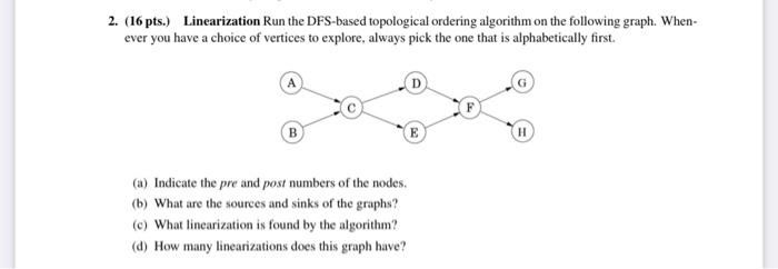  2. (16 pts.) Linearization Run the DFS-based topological ordering algorithm on