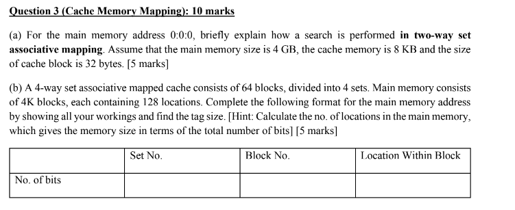  Question 3 (Cache Memory Mapping): 10 marks (a) For the main