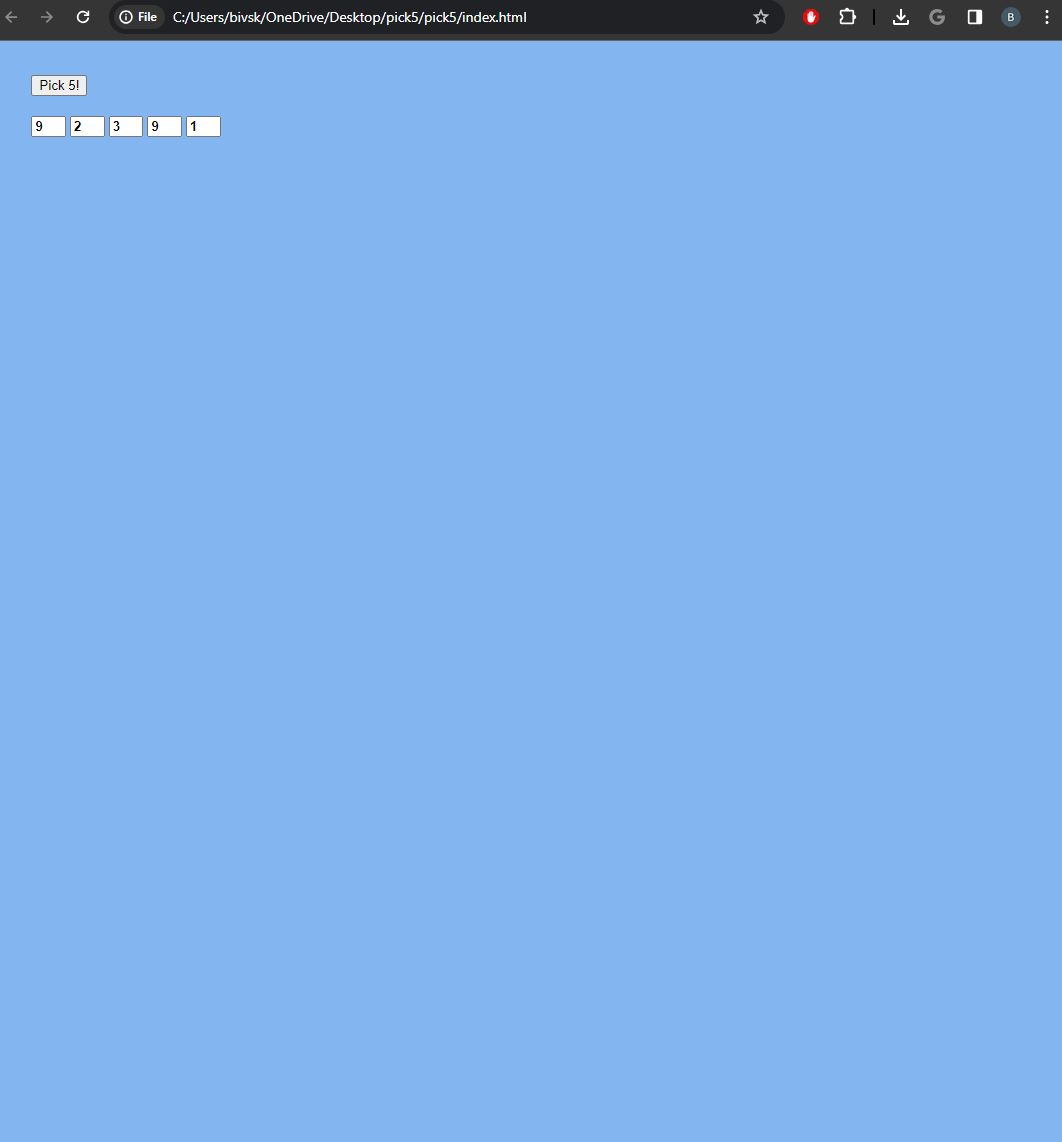  Visual Studio Code Create a Javascript code that randomly picks 5