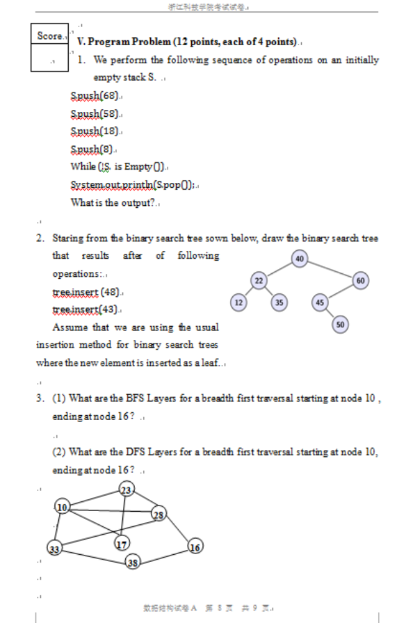 Score. V. Program Problem (12 points, each of 4 points). 1.