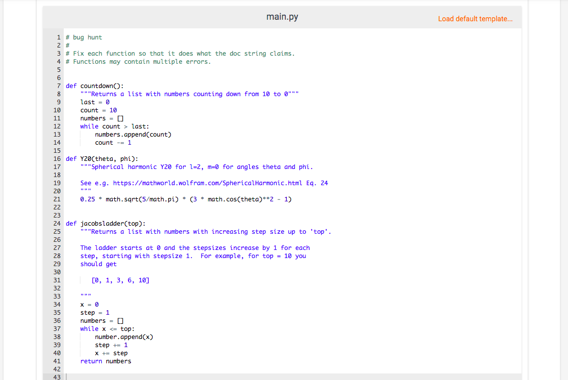 template code main.py Each function contains at least one error. These can