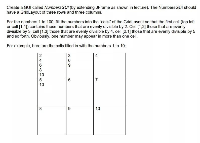  Need code for NumbersGUI extended by JFrame Create a GUI called