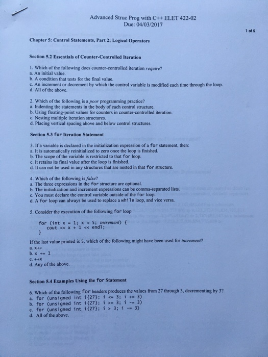  Advanced struc Prog with C++ ELET 422-02 Due: 04/03/2017 Chapter 5: