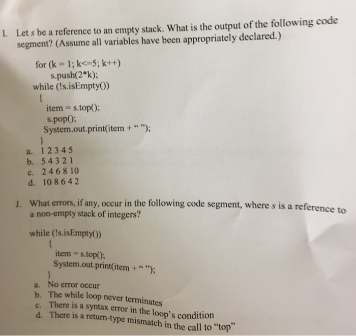  Let s be a reference to an empty stack. What is