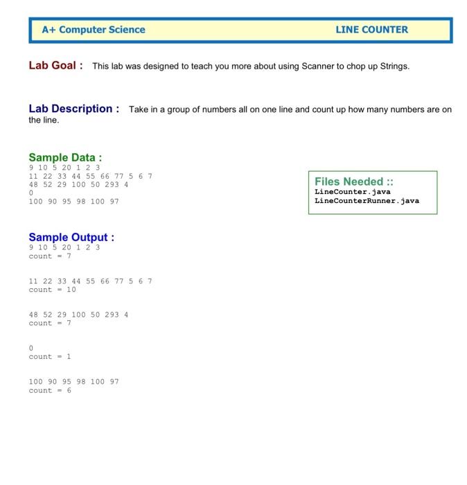  Please use scanner and while loop. A+ Computer Science LINE COUNTER