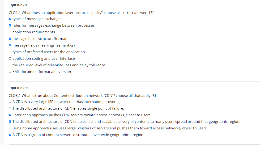 Right? QUESTION 9 CL01.1 What does an application layer protocol specify? choose