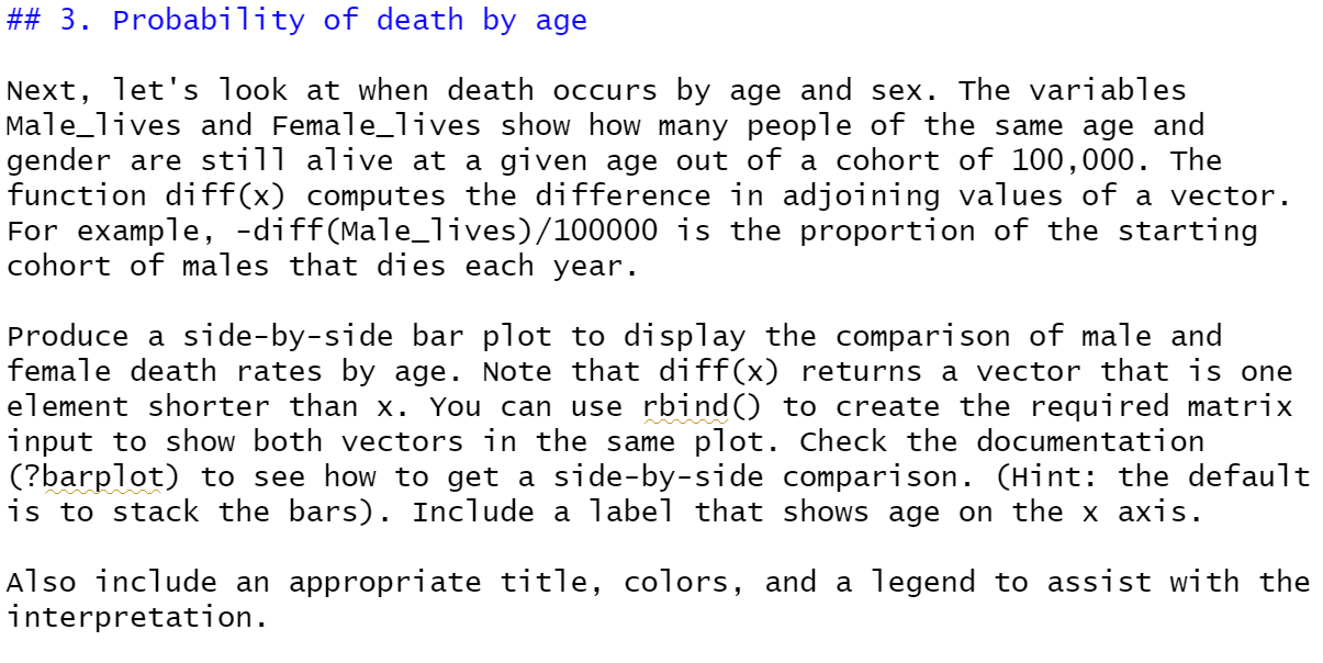 R PROGRAMMING HELP. File name is LifeTable.csv ## 3. Probability of death