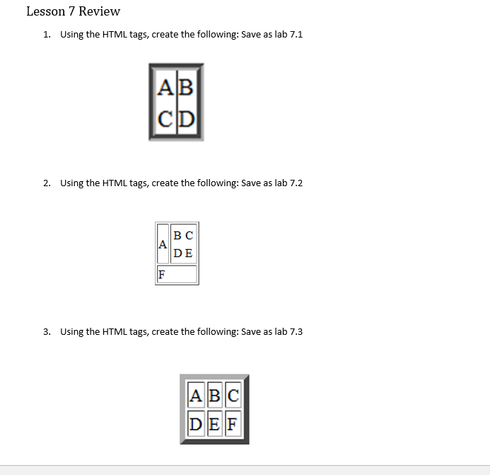 give html text Lesson 7 Review 1. Using the HTML tags, create