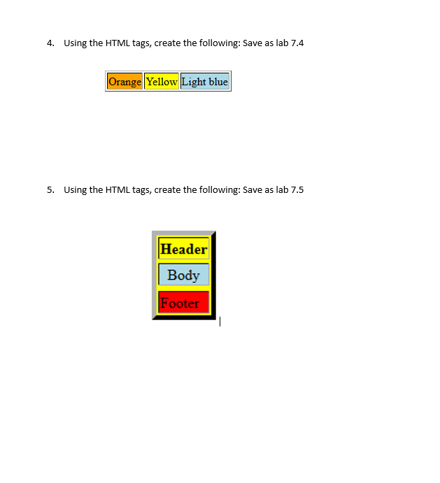 the following: Save as lab 7.1 2. Using the HTML tags, create