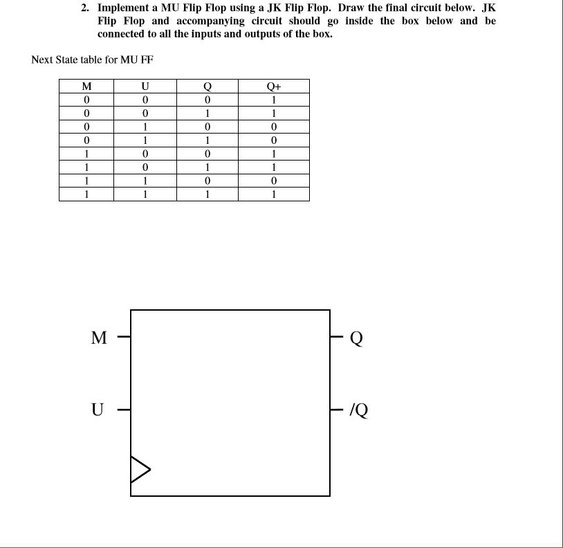  2. Implement a MU Flip Flop using a JK Flip Flop.