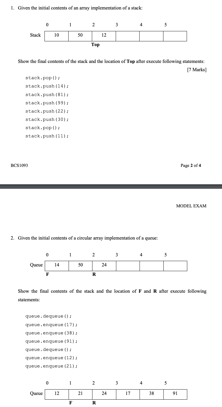 DATA STRUCTURE & ALGORITHMS QUESTION 2 1. Given the initial contents of