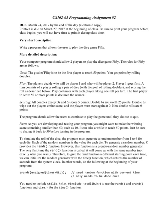  CS102-03 Programming Assignment #2 DUE: March 24, 2017 by the end