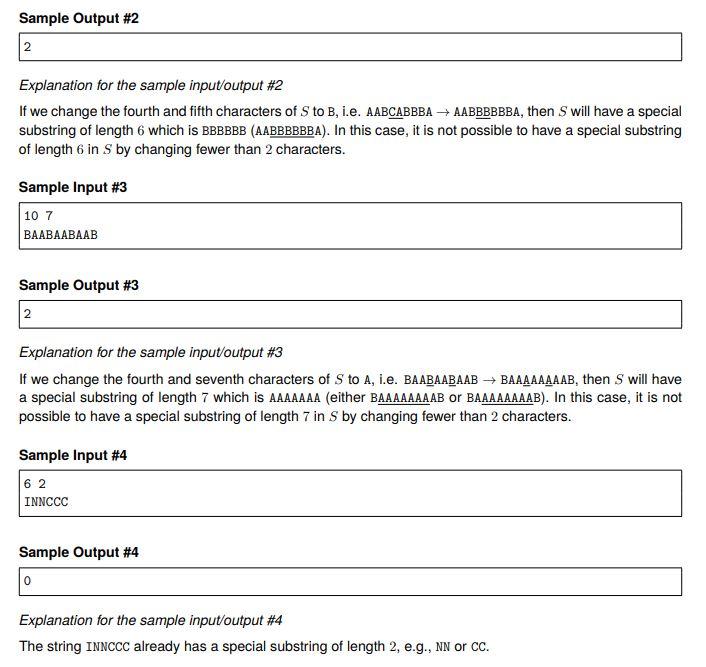 n,k,i,j; scanf("%d%d",&n,&k); char c[n]; scanf("%s",c); int arr[26]={0}; //To use Ascii value /*max