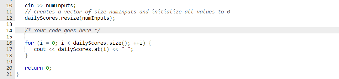 Given the integer vector dailyScores with the size of numInputs, write a