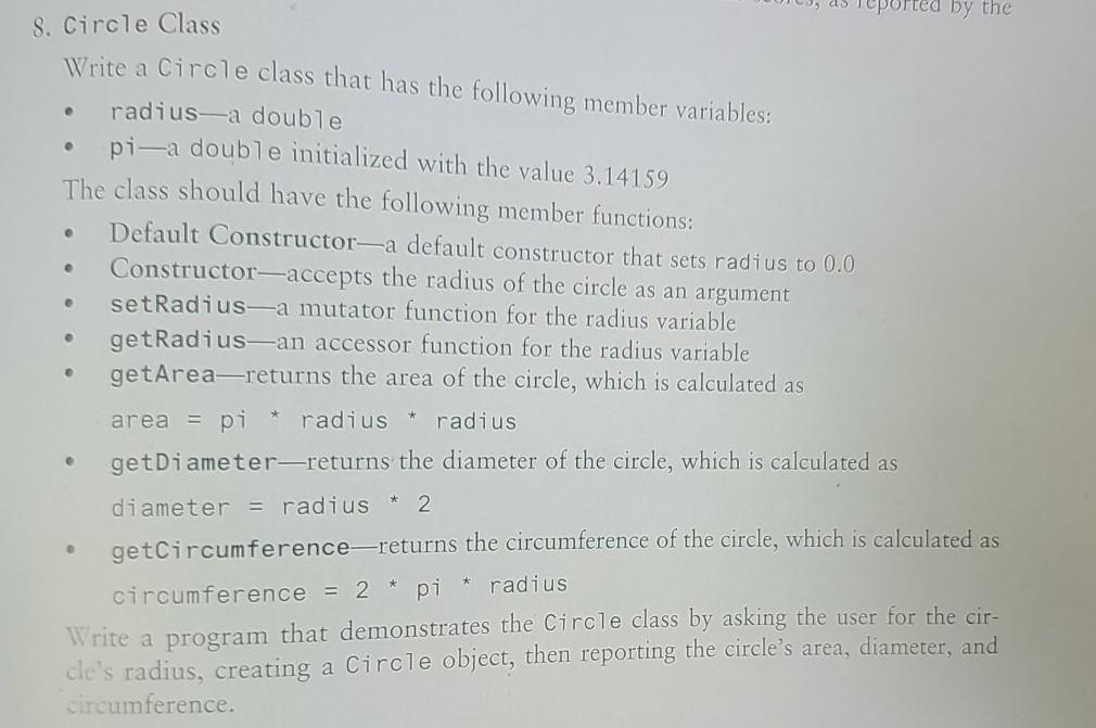  in c++ e e by the S. Circle Class Write a