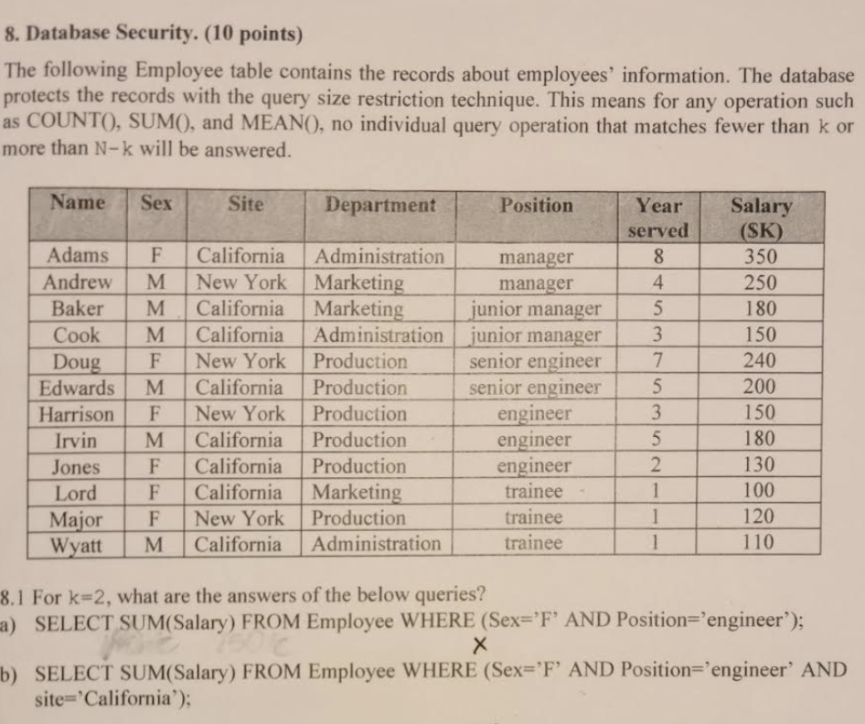 Please help me with this question! 8. Database Security. (10 points) The