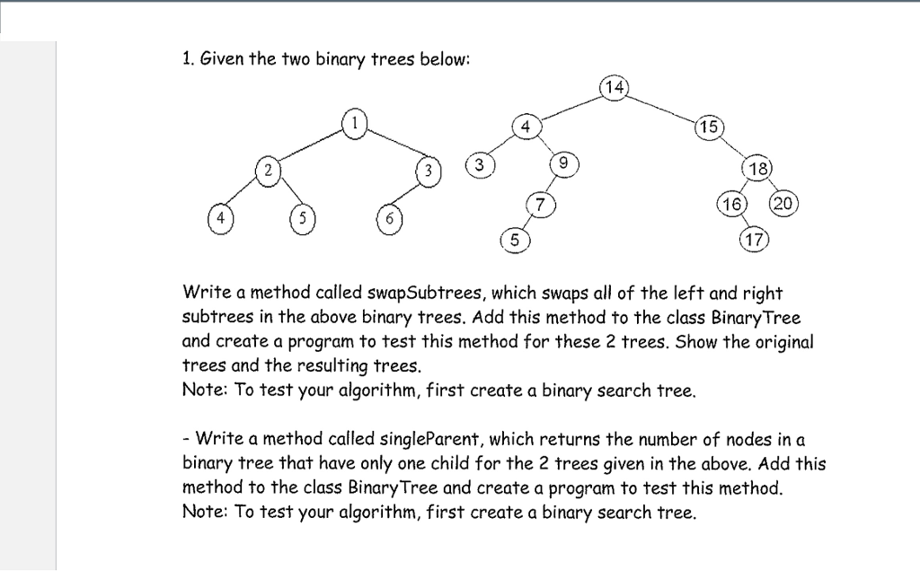  In Java. Thank you. Given the two binary trees below: Write