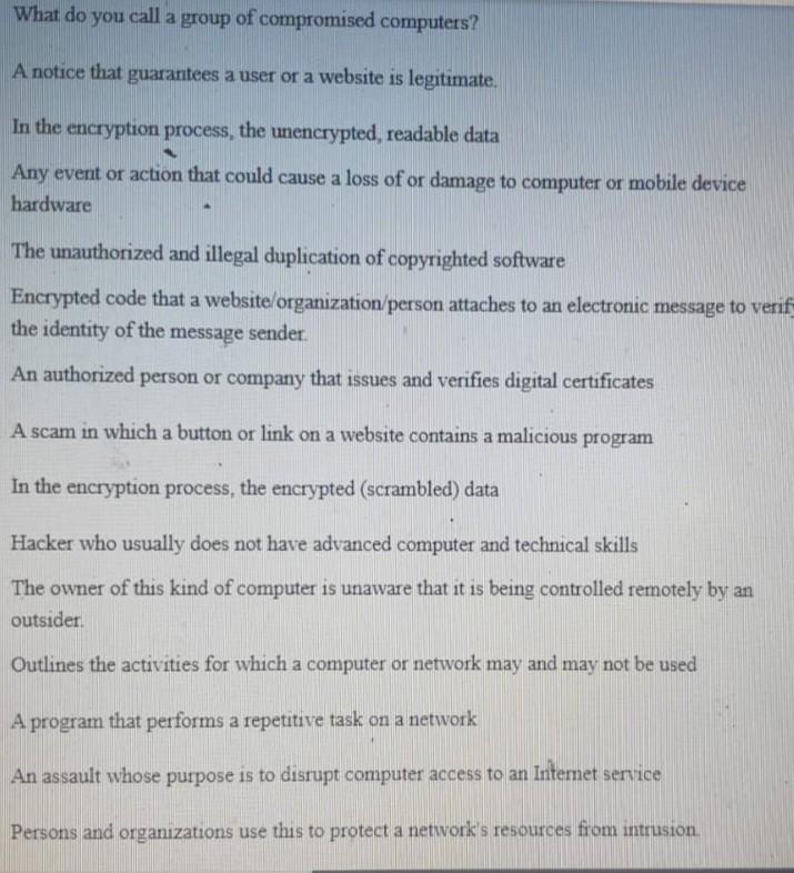  what are terms for each question or statement ? What do