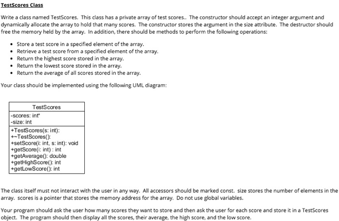  Using C++ Write a class named TestScores. This class has a